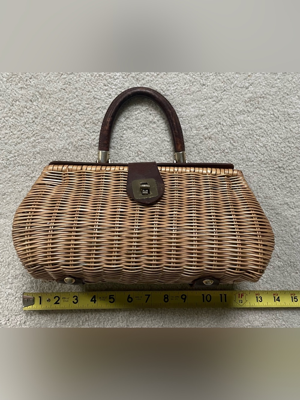 Mr Jonas Vintage Woven Straw Top-Handle Bag with Brown Trim